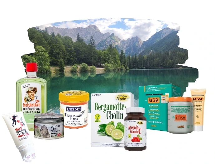 Bergsee-Landschaft mit den Produkten im Vertrieb von Naturpräparate Dieterich GmbH: Riviera, Holzhacker, Espara, GUAM, Enzborn