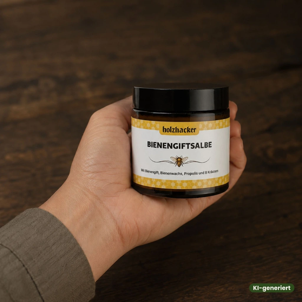 Holzhacker Bienengiftsalbe in Hand Größenverhältnis.webp